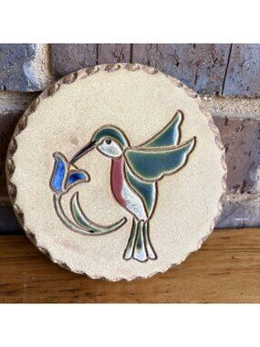 Vintage Enameled Hummingbird Clay Tile Round Trivet Wall Art Jane Ashley 5.5”